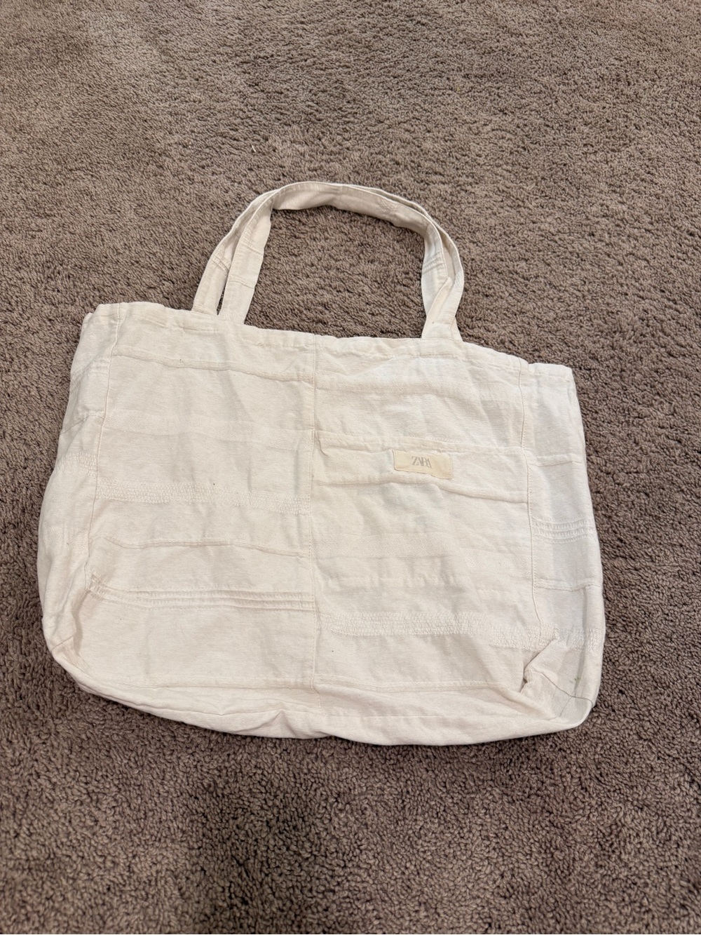 Zara Off-White Canvas reusable Tote with Front Pocket